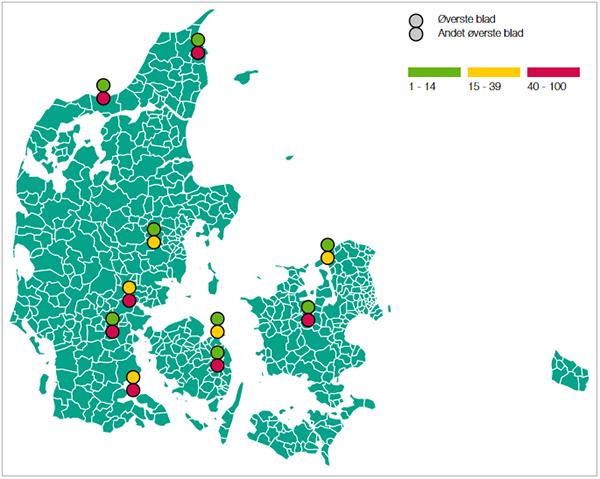 Danmarkskort med markerede lokationer